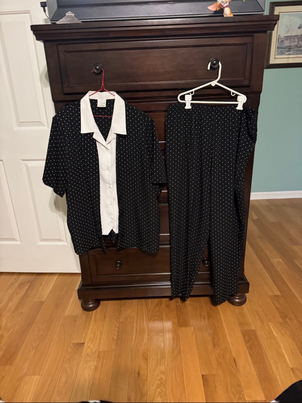 Allison Daley Black Polka Dot Pantsuit with White Trim